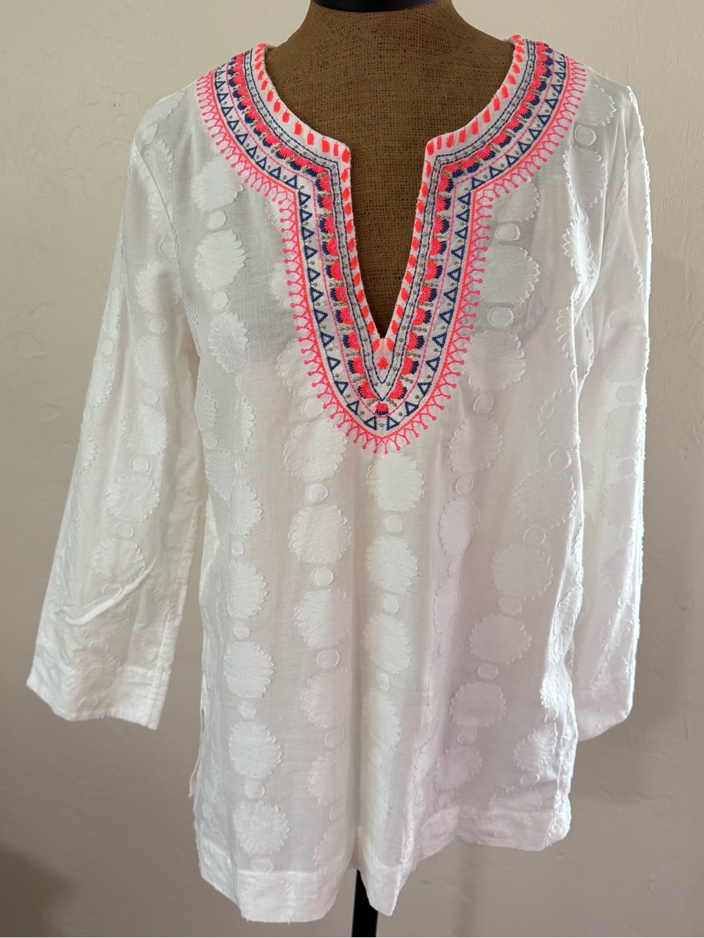 LILLY PULITZER AMELIA ISLAND WHITE COTTON EMBROIDERED TUNIC SHIRT TOP Large